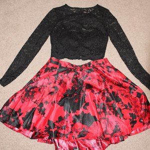 Jodi Kristopher Red and Black Two-Piece Floral Formal Dress